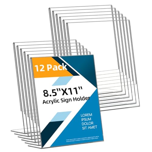12 Pack Acrylic Sign Holders 8.5x11 Inches - L-Shape Vertical Menu & Photo Display Stand for Restaurants & Office - Clear Plastic Paper Stands