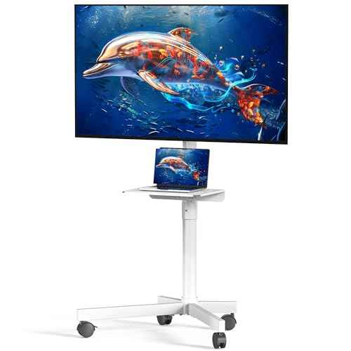 Mobile TV Cart Rolling TV Stand for 23-60 Inch LCD LED OLED Flat Curved Screens up to 88 lbs, Height Adjustable Portable TV Cart with Shelf/Wheels, Outdoor TV Stand Mount, Max VESA 400x400mm, White