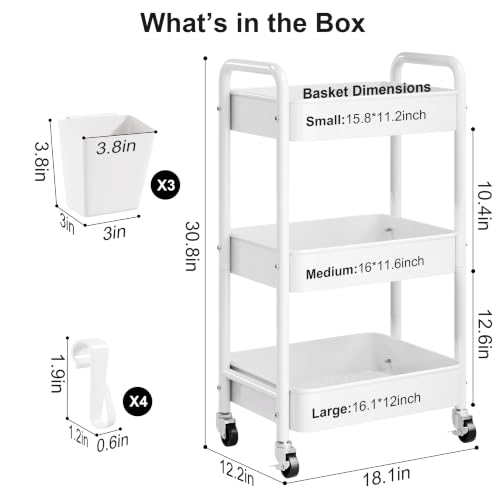 Aofure White 3-Tier Metal Rolling Cart with Wheels, Cups & Hooks - Multi-Purpose Storage