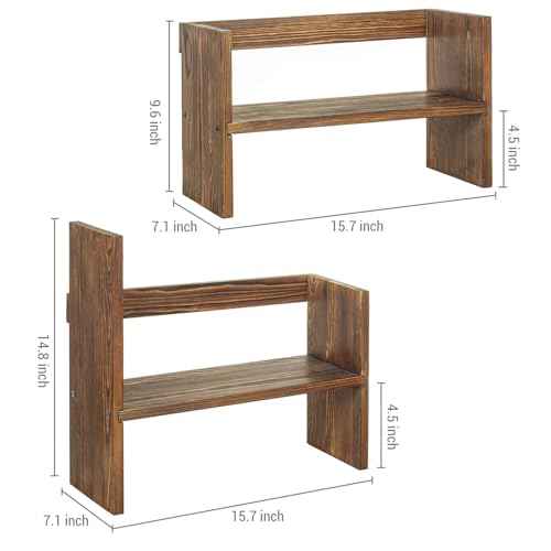 MyGift Adjustable Desktop Shelf, Deluxe Rustic Burnt Solid Wood Stackable Multilevel Bookshelf Organizer Stand, Home or Office Desk Storage Shelving Rack