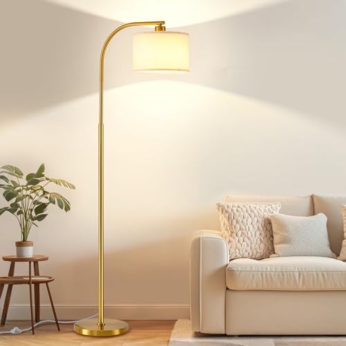 KQW Gold Tall Floor Lamp with Fabric Shade & 9W LED Bulb - Modern Standing Light for Living Room & Bedroom - 3 Color Temperature Options