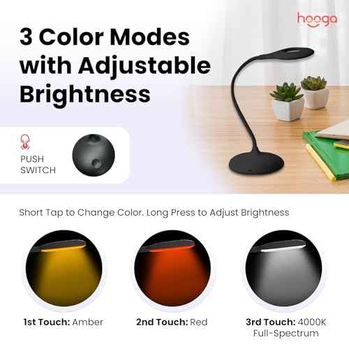 hooga Desk Lamp, Blue Light Blocking, 3 Modes: Amber 1600K, Red, Full-Spectrum 4000K, Dimmable, Rechargeable, Eye Strain Relief, Circadian Friendly