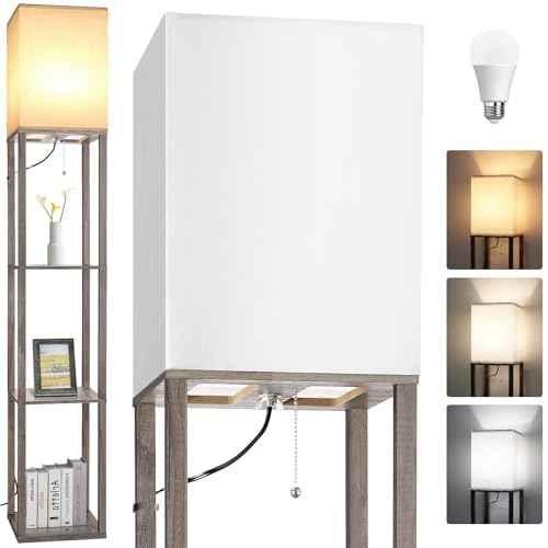 Floor Lamp with Shelves£¬Wood Corner Floor Lamps for living room tables with 3 CCT LED Bulb,Modern Display Bookshelf Nightstand Lamps,Column Standing Lamp for Bedroom Office Home Decor-Rustic Wood