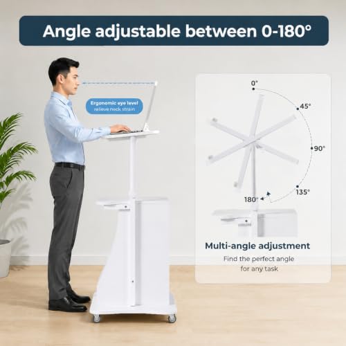 POWERSTONE Sit-to-Stand Mobile Lectern Podium with Storage, White, 27"-47.5"