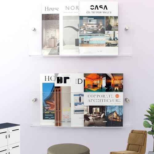 2 Pack Clear Acrylic Magazine Holder, Wall Mount Hanging Bookshelf Literature Storage Rack, Brochure File Display Shelf for Waiting Room, Living Room, Office, Home