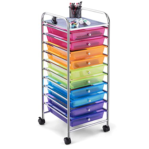 COSTWAY Rainbow 10-Drawer Mobile Storage Cart 13x15x34 Inches