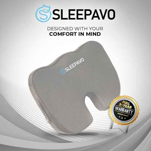 Sleepavo Gray Memory Foam Seat Cushion for Office Chair - Cooling Gel Pillow for Sciatica Coccyx Back Tailbone and Lower Back Pain Relief - Chair Pad for Lumbar Support in Office Desk, Car, Airplane