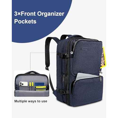 Vancropak Carry on Backpack, 47L Expandable Extra Large Travel Backpack with 3 Packing Cubes, Flight Approved Water Resistant Luggage Suitcase Weekend Duffle Bag Overnight Daypack for Men Women, Blue