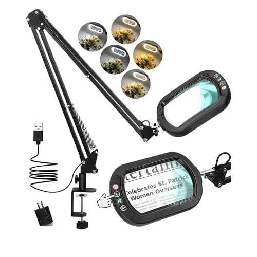 10X Rectangle Magnifying Glass with Light and stand, 2*16 Inch Swivel Arm LED Lighted Clamp Desk Lamp, 5 Color Modes Stepless Dimmable, Large Magnifier with Light for Reading Painting Craft Close Work
