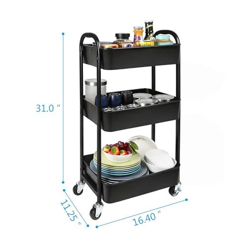 MAX Houser Black 3-Tier Rolling Utility Cart with Lockable Casters – Easy Assembly