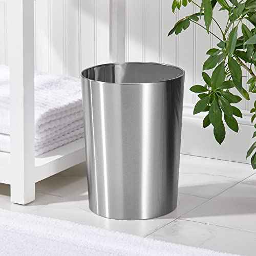 mDesign Stainless Steel Round Metal Trash Can, Small 2.8 Gallon Wastebasket, Garbage Basket Bin for Bathroom, Bedroom, Kitchen, or Home Office, Holds Waste and Recycle, Mirri Collection, Brushed