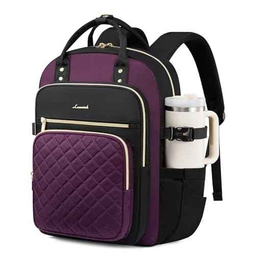 LOVEVOOK Laptop Backpack for Women with Giant Tumbler Holder Pocket, 15.6 Inch Water Resistant Lightweight Daypacks for College Work Business, Nurse Teacher Computer Bags, Purple Black
