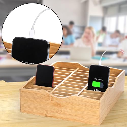 Lawei 36-Grid Bamboo Cell Phones Storage Box, Desktop Mobile Phone Holder Organizer Storage Box for Teachers Classroom School Office, Finishing Grid Multi Cell Phone Rack Display, No Assembly Required