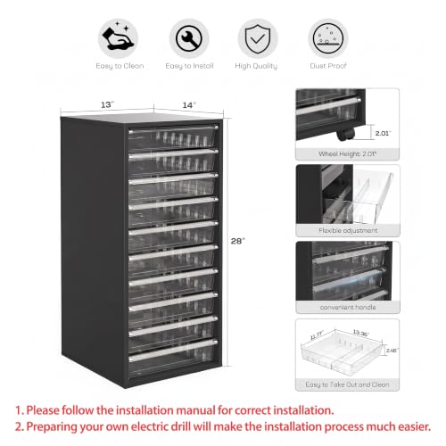 WOPITUES 10-Drawer Mobile Storage Cart on Wheels – Black Makeup & Cosmetic Organizer