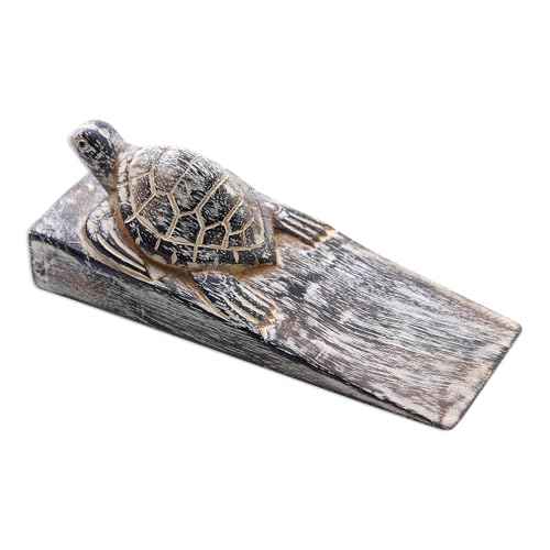 NOVICA Artisan Handmade Wood Door Stopper Whitewashed Baby Turtle Suar from Bali Black Indonesia Decor Accessories Decorative Hardware Animal Themed Frog Turtleturtlesea Life [2in H x 6.5in W x 2.4in]