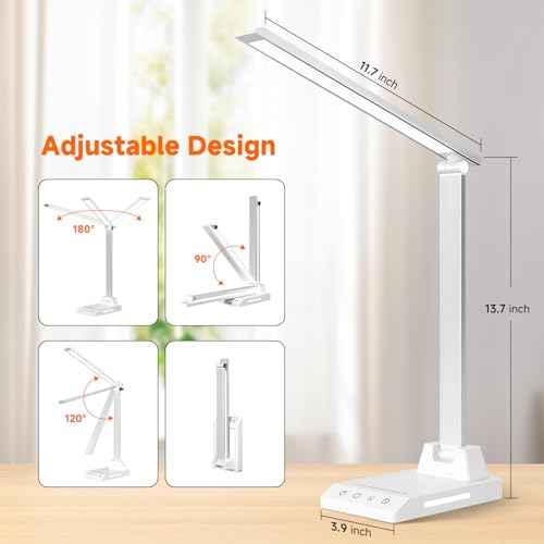 ShineTech LED Desk Lamp for Home Office, Dimmable Desk Light with 25 Lighting Combinations and USB Port, Memory and Timer Folding Reading Light for Study Nightstand, White