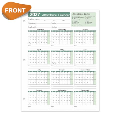 VistaRise 2027 Employee Attendance Calendar - Pack of 25 Green Sheets