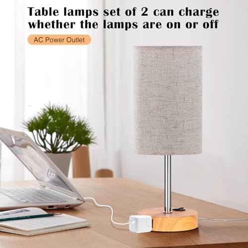 ZJOJO Table Lamp for Bedroom Set of 2, Bedside Small Lamps with 3 Way Dimmable Rocker Switch & AC Outlet, Nightstand Desk Lamp with Flaxen Fabric Shade Woodgrain Base for Living Room Home Decor Lights