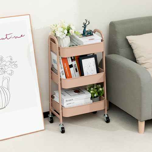 AGTEK Makeup Cart, Movable Rolling Organizer Cart, 3 Tier Metal Utility Cart with Lockable Wheels for Home & Office, Milk Tea