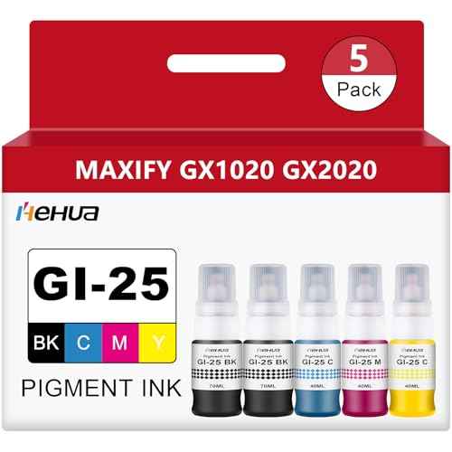hehua Pigment GI-25 Refill Bottles Ink GI25 (5 Pack,2B/C/M/Y,260ml) Replacement for Canon 25 Ink Refill GI-25BK GI25 Work for Canon MAXIFY GX2020 GX1020 MegaTank Printer (2 Black,Cyan,Magenta,Yellow)
