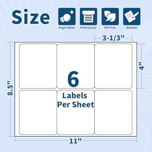 500 Sheets 4" x 3-1/3" Shipping Labels, 6 Labels/Sheet, 3000 Total | Compatible with Laser & Inkjet Printers, Strong Adhesive, Simple to Peel, Perfect for Mail Address Paper