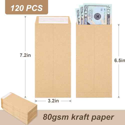 Joyberg 120 PCS Money Envelopes for Cash Kraft Paper, 6.5¡±x3.2¡± Small Cash Envelopes for Self-Adhesive, Money Saving Challenge Coin Envelopes for Coin, Check, Budget, Small Item Organizer