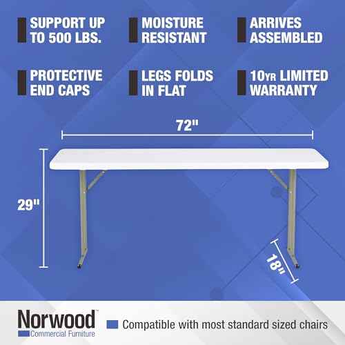 Norwood Commercial Furniture 6' Indoor/Outdoor Folding Training Table, Rectangular Blow-Molded Plastic Folding Training and Event Table, White