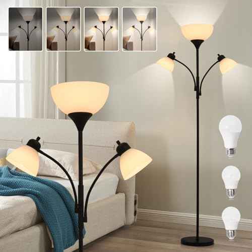 3 in 1 Lamps for Living Room, Floor Lamp with 2 Adjustable Reading Lights, Stepless Dimming Floor Lamps, 3 LED Bulbs Included, Modern Standing Lamp for Bedroom, Office, Home Essentials
