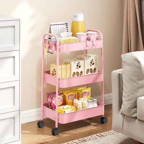 TOOLF Metal Utility Cart£¬3 Tier Rolling Cart wth 4 Hooks Storage Cart on Wheels Craft Cart with Handle for Organizer Storage for Classroom Office Dorm Home Pink