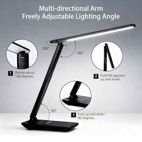 LED Desk Lamp with 10W Wireless Charger & USB Port, Eye-Caring Dimmable Touch Control Lamp with Clock Display, Adjustable Foldable Arm, 5 Brightness & 3 Color Modes for Home Office Study