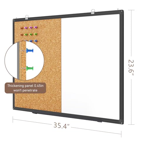 maxtek Combination White Board & Bulletin Cork Board 24 x 18 Whiteboard Magnetic, Combo Dry Erase Board with Black Aluminum Frame, 2' x 1.5' Hanging Message Board Wall Mounted for Homeschool Office