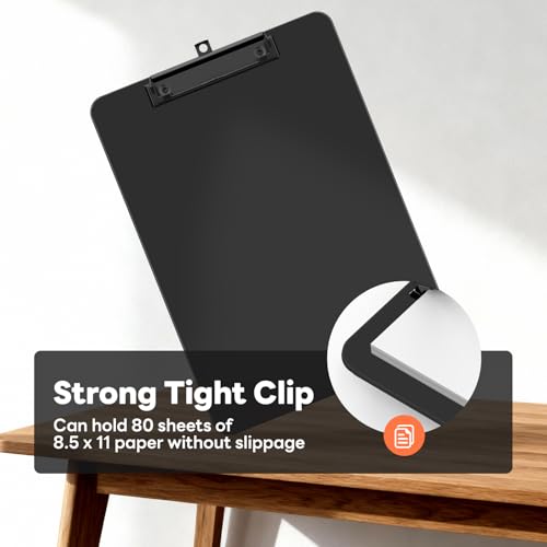 Zoenley Black Plastic Clipboard 8.5 x 11 with Clip, 80-Page Capacity, Hanging Loop