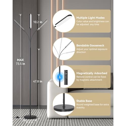 Floor Lamp - Bright 15W LED Floor Lamp with Remote & Touch Control - Stepless Dimming & Color Temperature Adjustable, Eye-Caring Standing Lamp with 1H Timer, Gooseneck Design for Living Room, Bedroom