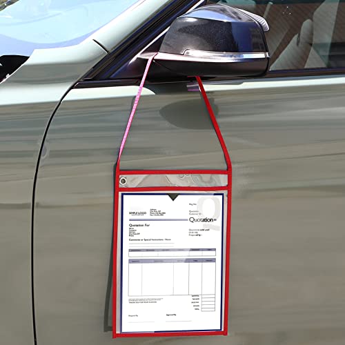 Geyee 50 Pack Job Ticket Holders Work Order Pockets for 9 x 12 Inch Hanging Sleeve Plastic Shop Ticket Holders with Strap, Both Sides Clear(Red)