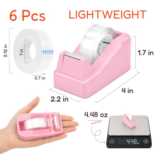 JEFURE Lightweight Desktop Tape Dispenser with 6 Rolls - 1-Inch Core, Pink