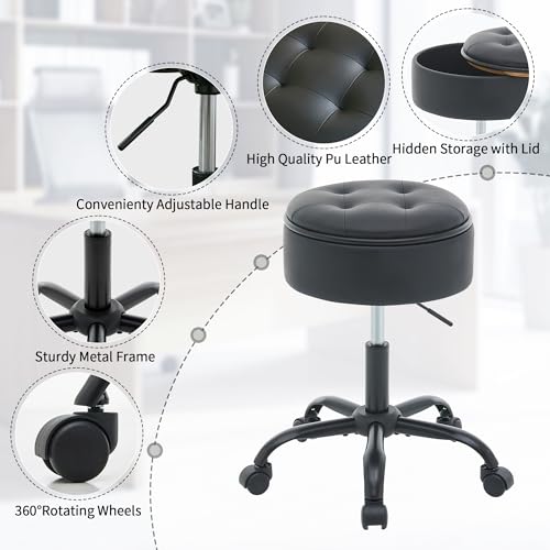 Drafting Chair with Storage, Adjustable Leather Drafting Stool 20.67"-24.61", Black Rolling Office Stool