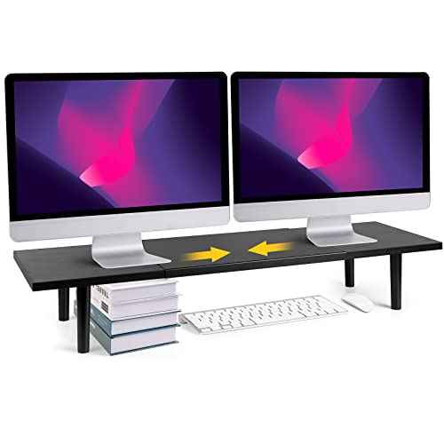 Dual-Monitor-Stand-Riser-For-Desk Adjustable Length 32-40 Inch£¬Large Desktop Computer Monitor Riser For 2 Screens£¬Desk Shelf Organizer Riser Stand For Computer/Laptop/PC/Printer/TV Black