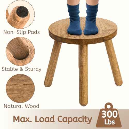 YOUEON Round Solid Wooden Step Stool, 11.8 Inch Non-Slip One Step Stool for Adults, Holds up to 300 Lbs, Portable & Sturdy, Footstool for Bedroom, Bathroom, Kitchen, Easy to Assemble
