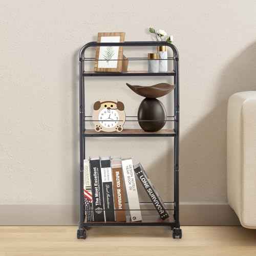 FULITE 3-Layer Narrow Storage cart£¬A Rolling car with Wheels£¬Steel Frame,Kitchen£¬Restaurant£¬Multi Functional Trolley£¨Black and Brown£©