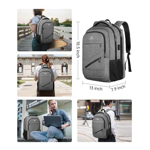 MATEIN Travel Laptop Backpack, 17 Inch Work TSA Approved Carry on Backpack, Large Computer Business Bag for Men Women with USB Port and Trolley Sleeve, College School Rucksack Book Bag, Grey