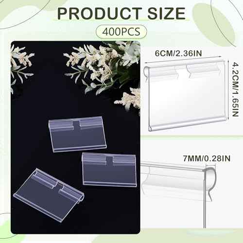 Tatuo 400 Pcs Reusable Plastic Wire Shelf Label Holders, Clear Price Card Sign for Pantry Retail Supermarket Merchandise Shopping Mall Shop Ticket Display Holder Clip on Design, 2.36" L x 1.65" H