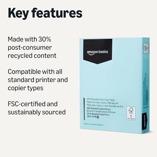 Amazon Basics Pastel Blue Recycled Copy Paper 8.5x11 20lb 500 Sheets