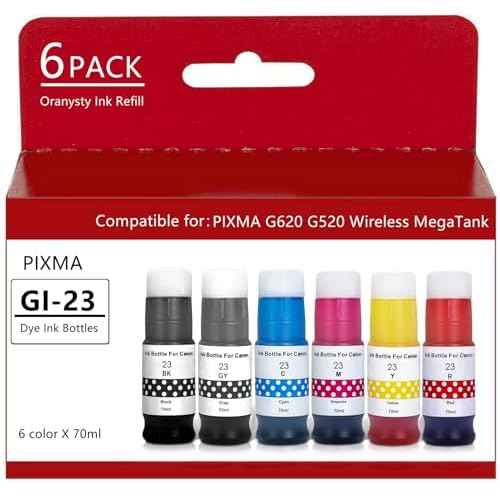 23 Compatible Ink Bottle Replacement for Canon pixma GI23 GI-23 use for Canon PIXMA G620 G520 Printer (Black Cyan Magenta Yellow Red Gray) 6 Pack 70ml Ink Refills (6 Colors)