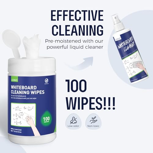 loukin 100 Pack Whiteboard Cleaning Wipes, Dry Erase Surface Cleaner, Non-Toxic & Moist to Use