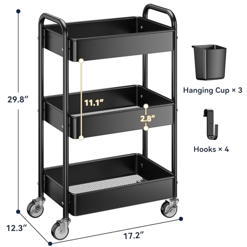 YASONIC Black 3-Tier Heavy Duty Metal Utility Cart with Wheels