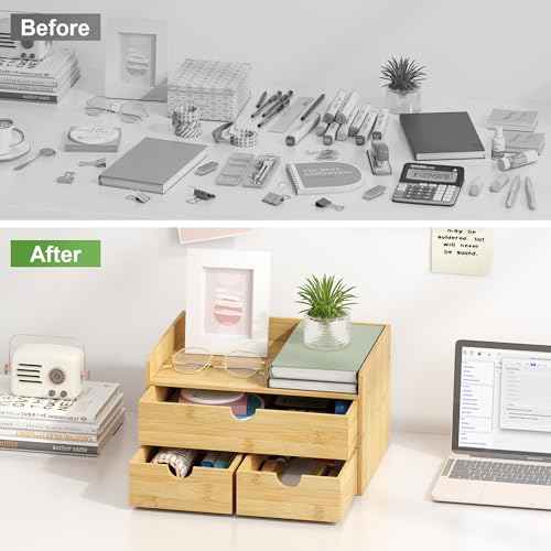 Wisuce Desk Organizer with Drawers - Bamboo Desktop Organizer Storage-Natural Wood Desk Drawers Organizer for Bills, Office Supplies, Cosmetics, Seals No Assembly Required (3 Drawers£¨top-bottom))