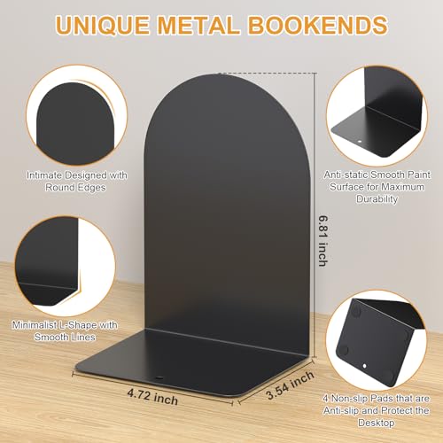 ALOTCHE 1 Pair Black Metal Round Bookends – Heavy Duty Bookends for Shelves & Desk, Anti-Slip Home Office Decor