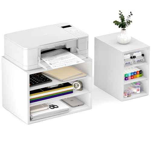 MARTY Printer Stand with Storage for Desk Large Desktop Printer Stand Shelf Riser with 6 Storage Compartments Wood Desk Paper Organzier File Organizer for Home/Office, White