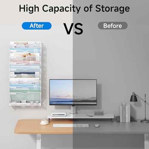 Lavatino 10-Tier Hanging File Organizer, Wall Mount File Holder for Mails Folders Papers Magazine Organization, Vertical Document Organizer for Office Home White