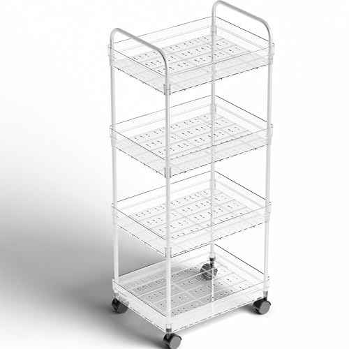 Yieach 4 Tier Acrylic Clear Rolling Cart with Wheels,Plastic Storage Cart on Wheels for Bedside,Dorm Room,Bathroom Organizers and Storage Shelf,Utility Cart Organizer for Snack,Craft,Art,Makeup,Baby